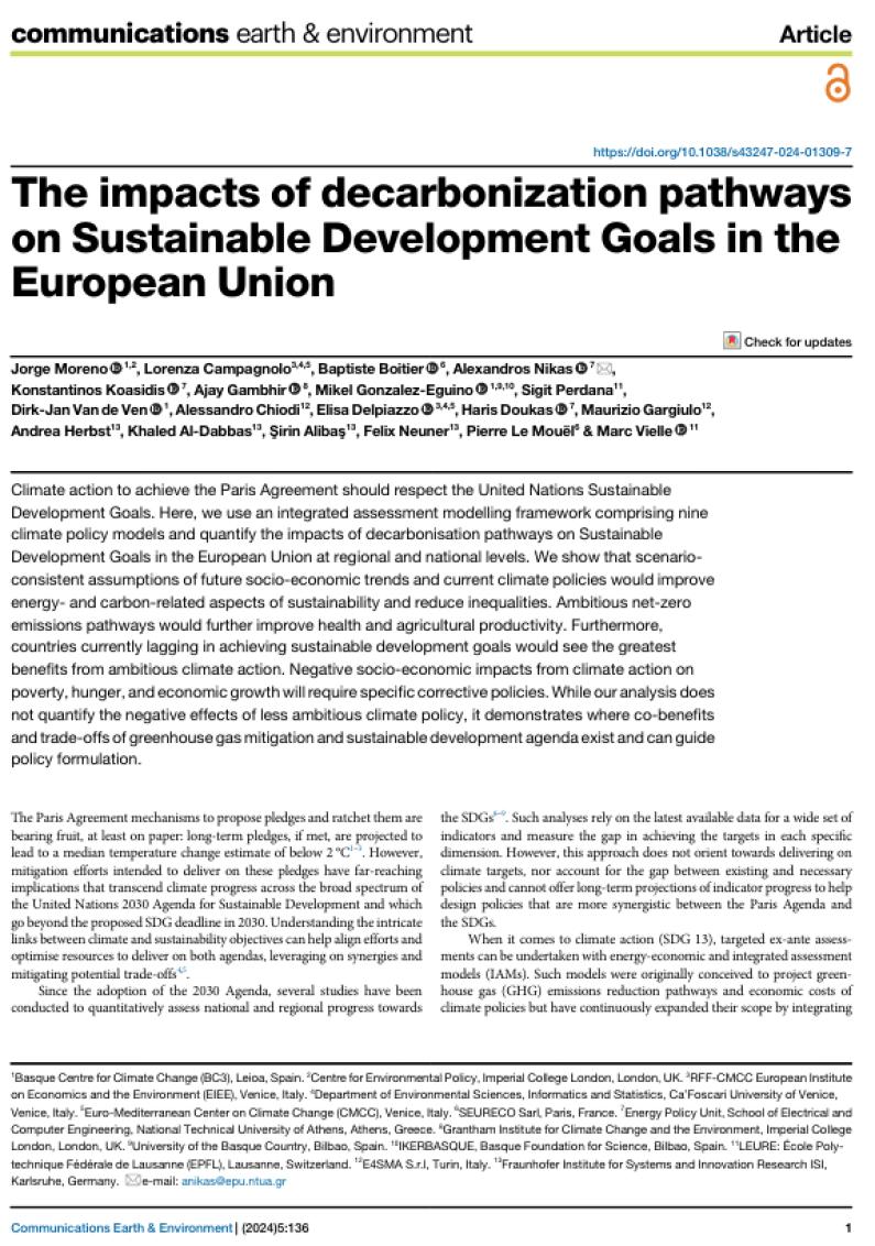 The impacts of decarbonization pathways on Sustainable Development Goals in the European Union