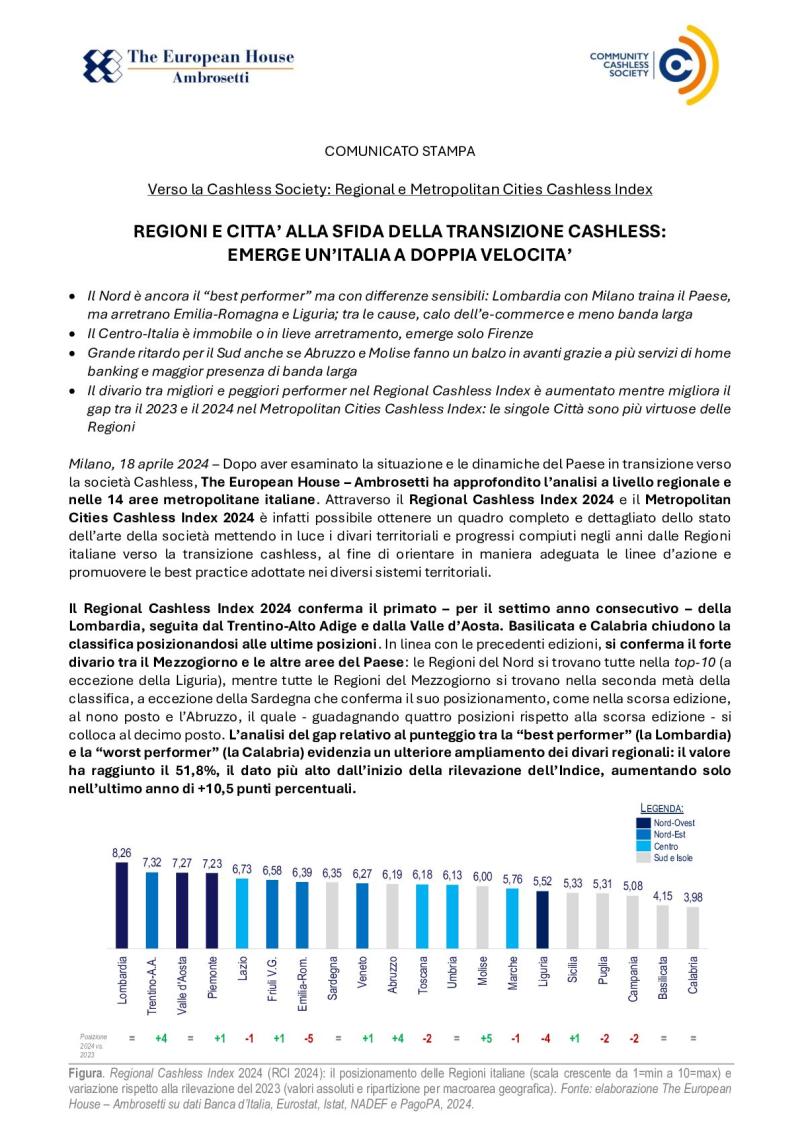 Comunicato stampa - Regioni e città alla sfida della transizione cashless: emerge un'Italia a doppia velocità